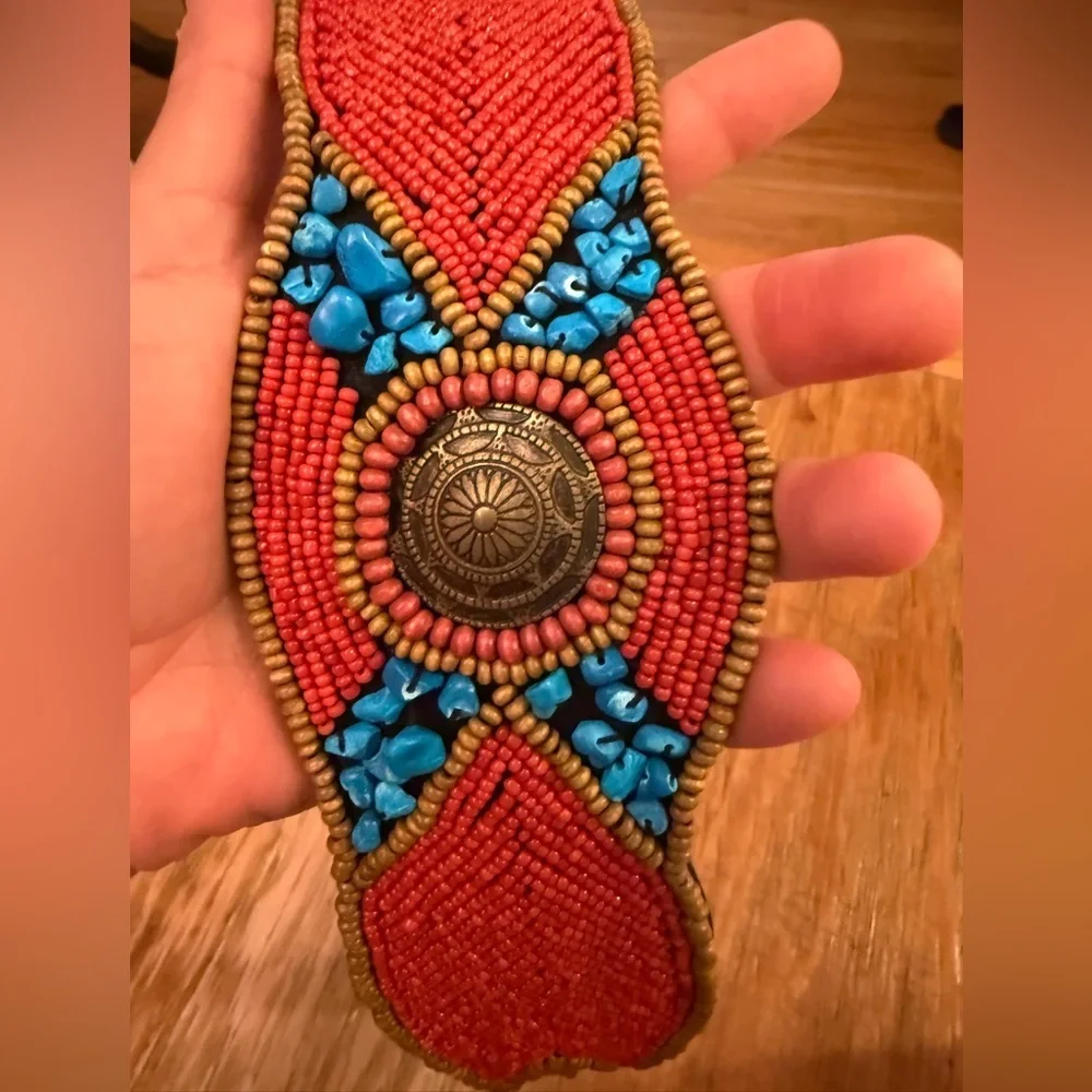 Red Blue Wood Glass & Turquoise Beaded Belt Fits 29 Waist